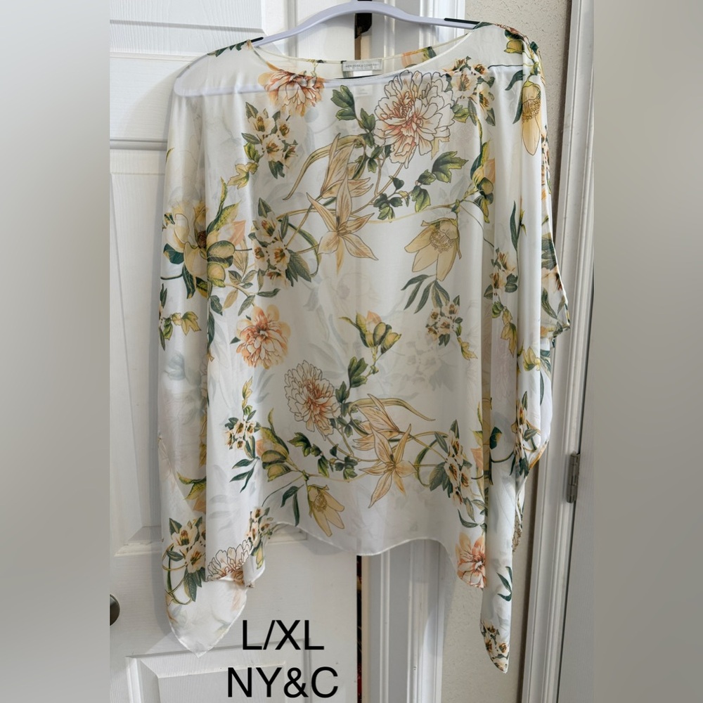 New York & Company Floral Blouse with Yellow and Green Accents